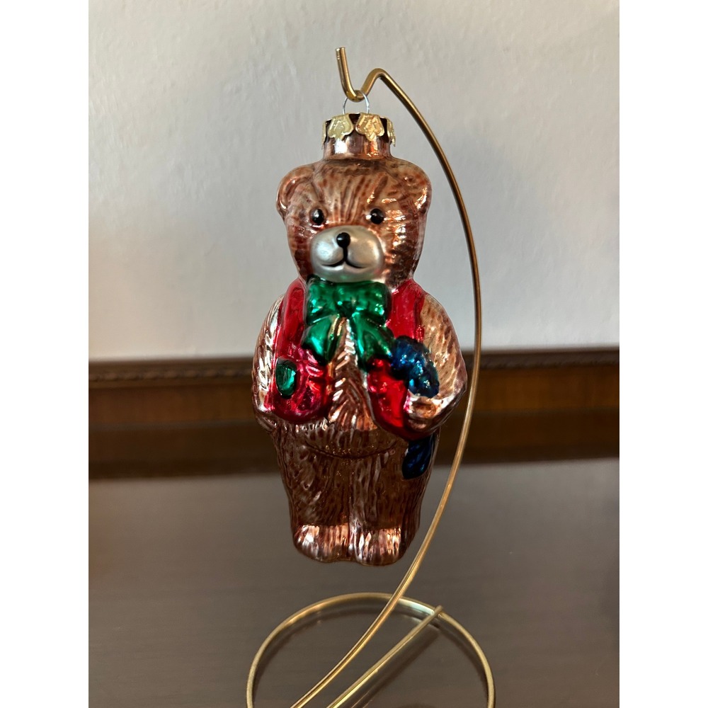 Vintage Glass Teddy Bear Christmas Ornament Red Vest Green Bow Taiwan 6''